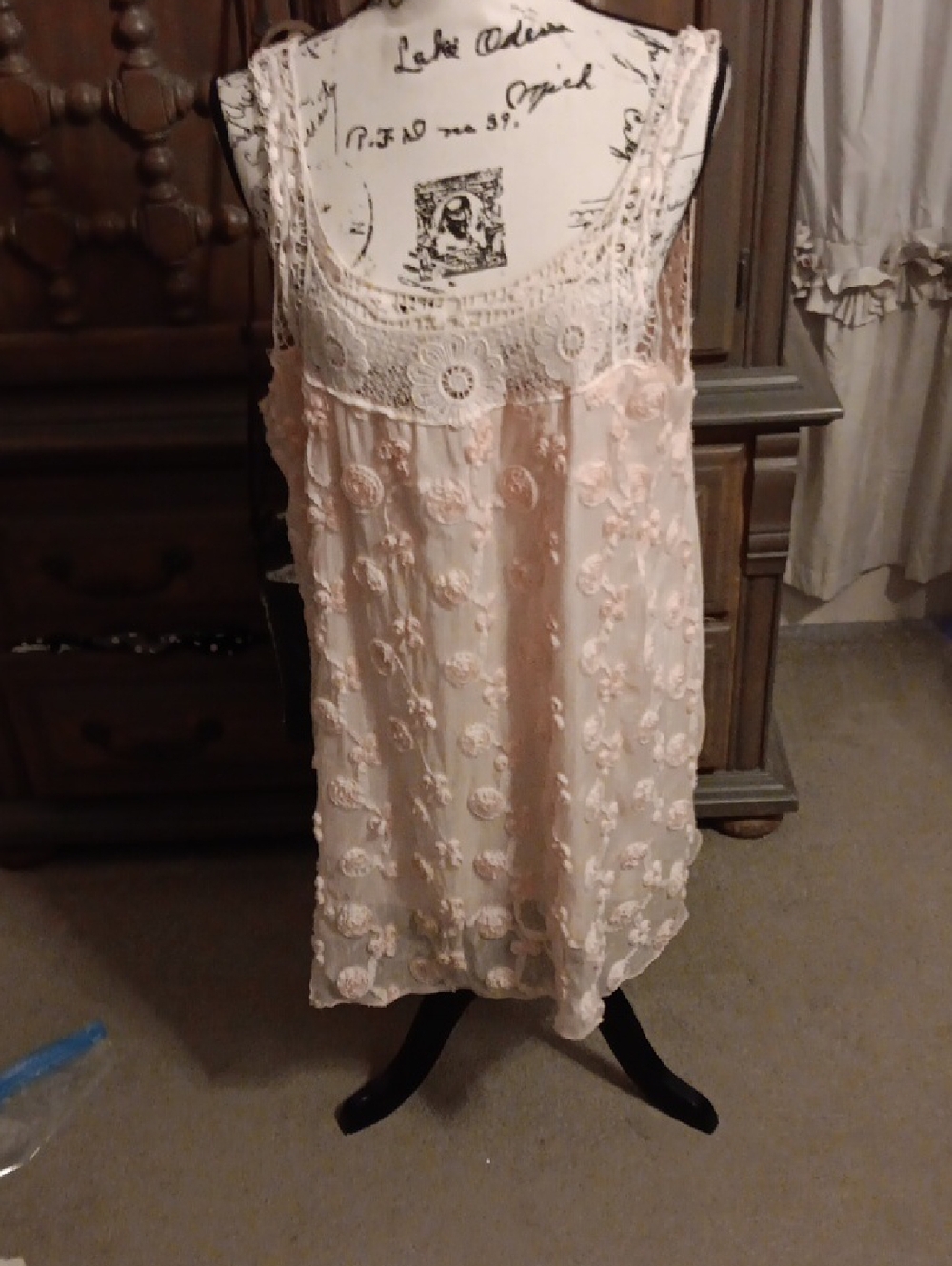 Lace-Trim Floral Appliqué Slip Dress in Blush